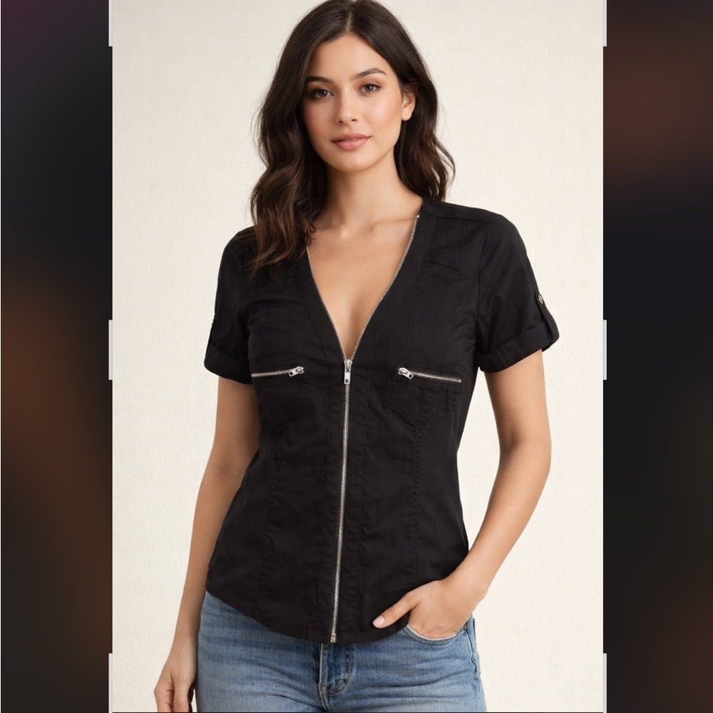 Guess Women's Black Full Zip Blouse